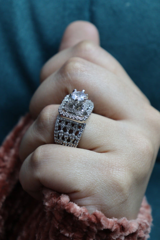 Silver Diamond Square Ring